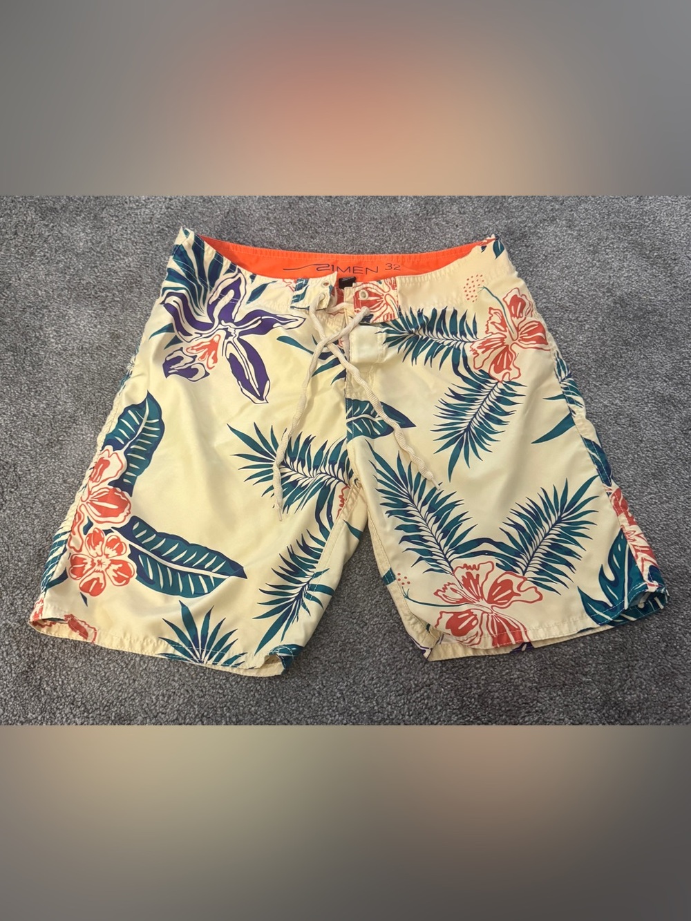 21MEN Men's Board Shorts 32 Beige Tropical Floral Drawstring Swim Bottoms